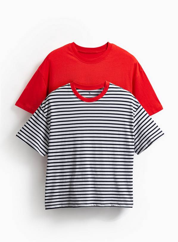 Red & Stripe Print Boxy Fit T-Shirts 2 Pack XS